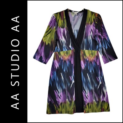 AA Studio Women Fit & Flare Stretch Long Sleeves Dress V Neck Casual Size 12