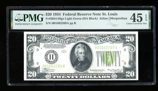 DBR 1934 $20 LGS FRN St. Louis Fr. 2054-Hlgs PMG 45 EPQ Serial H01662269A