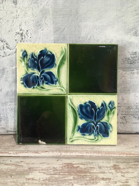 Antique Fireplace Tile Art Nouveau Lilies Majolica Blue Green Glazed c.1890
