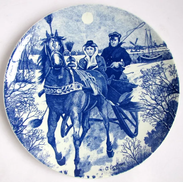 Grande Assiette Murale ou Plat Tableau Faïence Delfts Calèche Luge Cheval