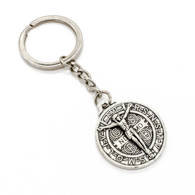 Silver Tone Jesus Crucifix Cross Saint St Benedict Medal Pendant Key Chain Ring