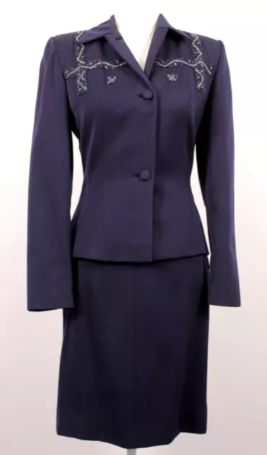 VTG Women's 40s 2 PC Navy Beaded Jacket & Skirt Dress Suit Set 1940s Sz XS/S