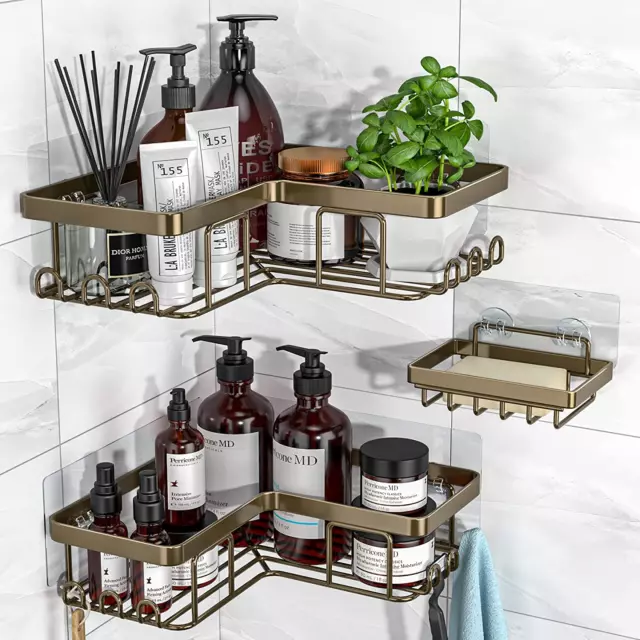 Corner Shower Caddy, 3-Pack Adhesive Shower Caddy with Soap Holder and 12 Hooks,