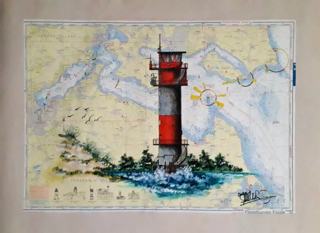 Maritime Grafik Seekarte, Leuchtturm Kalkgrund auf Seekarte Flensburger Förde
