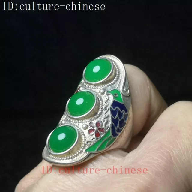 Old Chinese Tibet Silver carving bird inlay Jade Ring Decoration Gift Collection