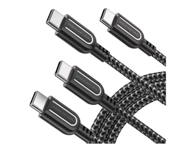 UNBREAKcable USB Cable, Type-C 2.0 to Type-C 2.0, Black, 1M, Pack of 2 - Sealed