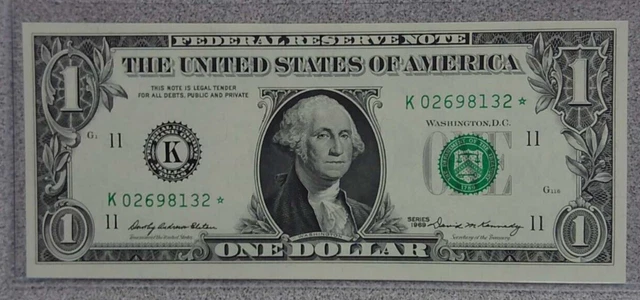 1969 $1 Dollar Federal Reserve Star Note Bill Dallas (K) Crisp UNC (132)