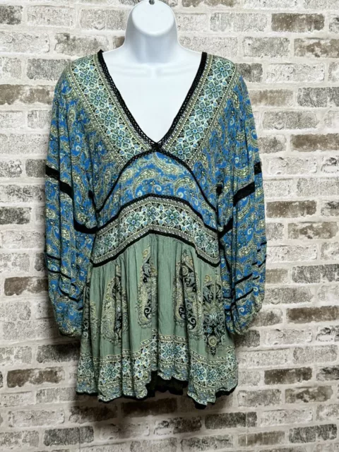 Free People Luna Scarf Bandanna Print Tunic in Boho Teal Ocean Blue Sz XS