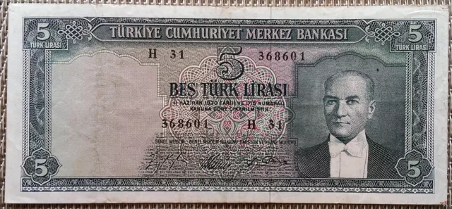 5 Lira Banknote Geldschein Türkei L1930 (1965), VF- XF °