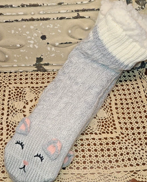 NEW Gray Cat Kitten Animal Knit Fluffy Soft Socks Comfy Cuddly Footwear One Size