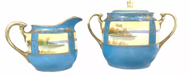 Vtg Chikaramachi Creamer Sugar Bowl Set Hand Painted Japan Green Mark 1924-35