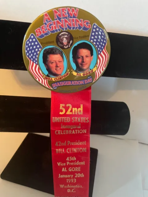 Bill Clinton - Al Gore - 1993 Inauguration Day Button - w/ Red Ribbon DC 1/20/93