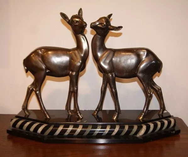 Antique Bronze Sculpture Stags French Decò Marble Base Statue Pair Rare old 20th