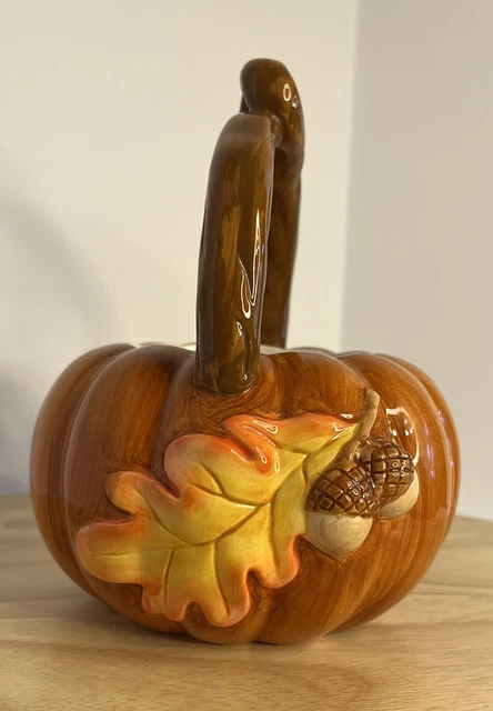 Ceramic Orange Pumpkin Planter/Décor Halloween Autumn Leaves Acorn Branch Handle