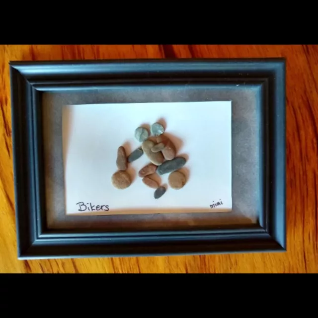 "Bikers" Pebble Art by Mimi (5" x 7") Motorcycle Couple Framed Wall Home Decor