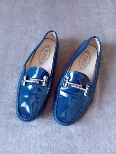 TOD'S WOMEN'S DOUBLE T blue leather loafers size 38 silver hardware ...