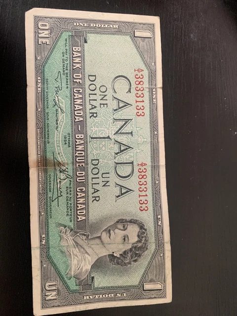 1954 BANK OF CANADA  1 DOLLAR BANK NOTE #AI3833133 OLD BILL, Multiple 3’s.