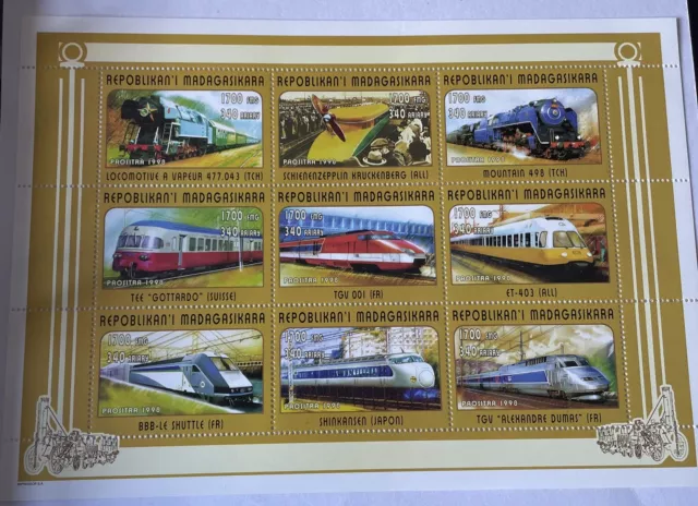 Hoja de estampillas conmemorativas de trenes de Madagascar 1998 montada sin montar o nunca montada