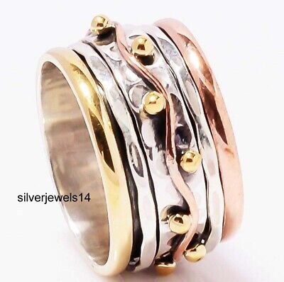 925 Sterling Silver Three Tone Wide Band Meditation Spinner Ring Jewelry GS63