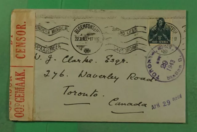 DR WHO 1943 SOUTH AFRICA WWII CENSORED BLOEMFONTEIN TO CANADA j98530