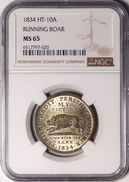 Sole Finest Silvered HT-10A Running Boar Hard Times Token NGC MS65 Top Pop
