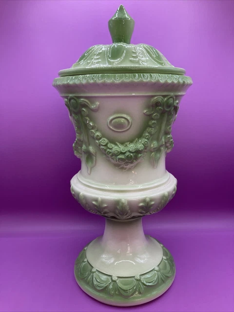 ARNELS VTG.  1974 Ceramic LIDDED URN, Compote, Cookie Jar Green Statement Piece