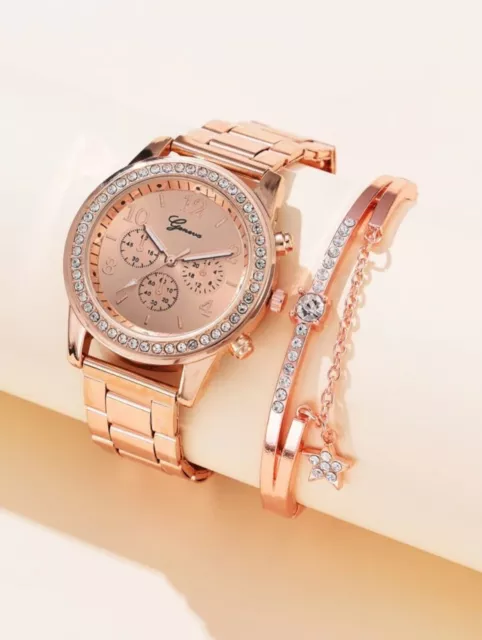 Ladies Watch+Bracelet Rose Tone Women Girls Fashion Quartz Bling Gift SET + Box