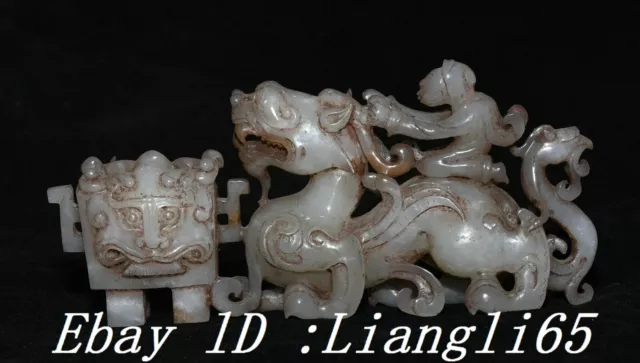 5.9" Alte Han Dynastie Natürliche Hetian Jade geschnitzt Drachen Tier Statue