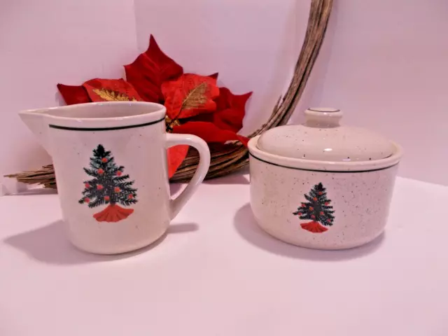 Tienshan Folk Craft Sugar Bowl And Creamer Holiday Homecoming Christmas Tree