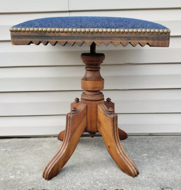 Antique 19thc Victorian Piano Stool Bench Chair Ornate Wood Saw Tooth Trim Deco