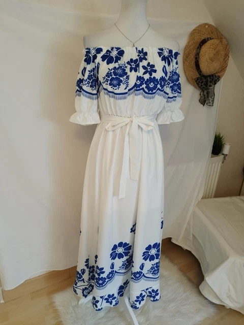 Robe Bleue Et Blanche Fleurie Kaylla - Taille M, Jamais Portée (sans étiquette)