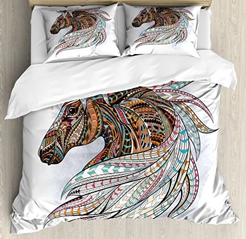 Horse Duvet Cover Set, Indigenous Totem Animal Theme Modern Art with Colorful