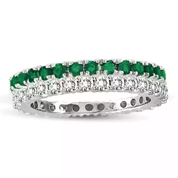 Suzy Levian 14k White Gold Emerald Diamond 2-piece Set Eternity Band Ring