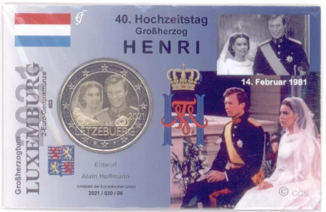 2 Euro Münze Coincard / Infokarte Luxemburg 2021 Hochzeitstag Maria u Henri-Foto