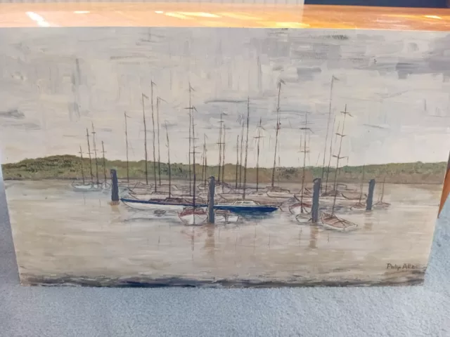 Philip Allen 1968 Oil on Board Painting 14x24" Bucklers Hard Hants Boats Harbour