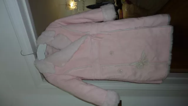 Monsoon Baby Pink Faux Suede / Sheepskin Faux Fur Coat 10-12 Butterfly Sparkly