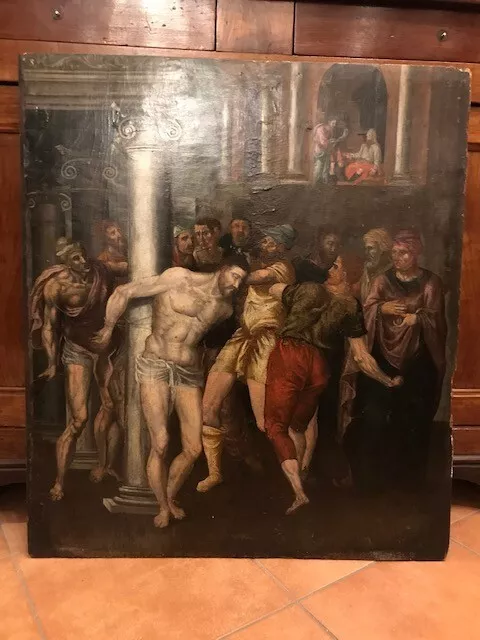 Dipinto ad Olio su Tavola "La flagellazione di Gesù al Tempio" - Conservato