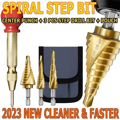 4PCS Titanium Spiral Step Drill Bit Set Automatic Center Punch High Speed Steel