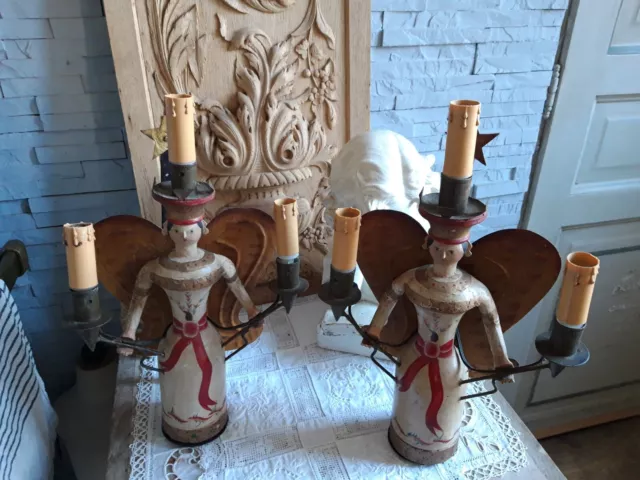 Paire PIEDS DE LAMPE anges Figurines Sculptures BOIS Peint Personnages