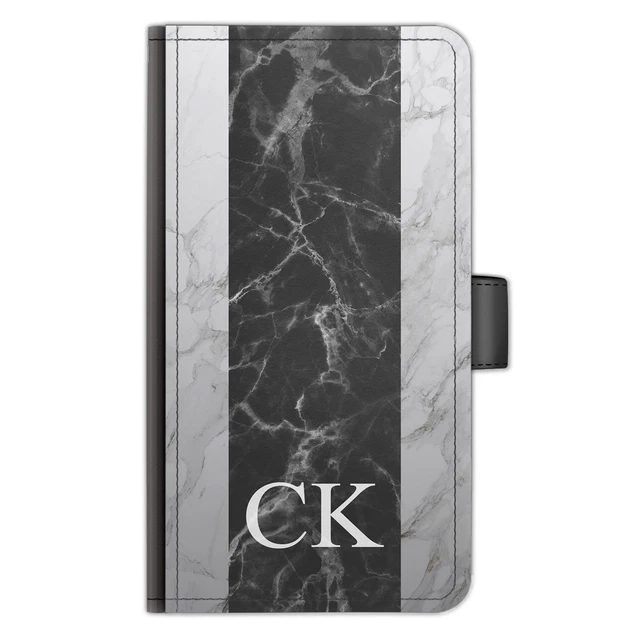 Personnalisé Initiales PU Étui Cuir Téléphone Noir Marbre Rayure Côté Rabattable