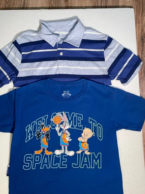 2 Boys Short Sleeve Shirts, Place Blue Striped Large Dress Tee & Space Jam Med