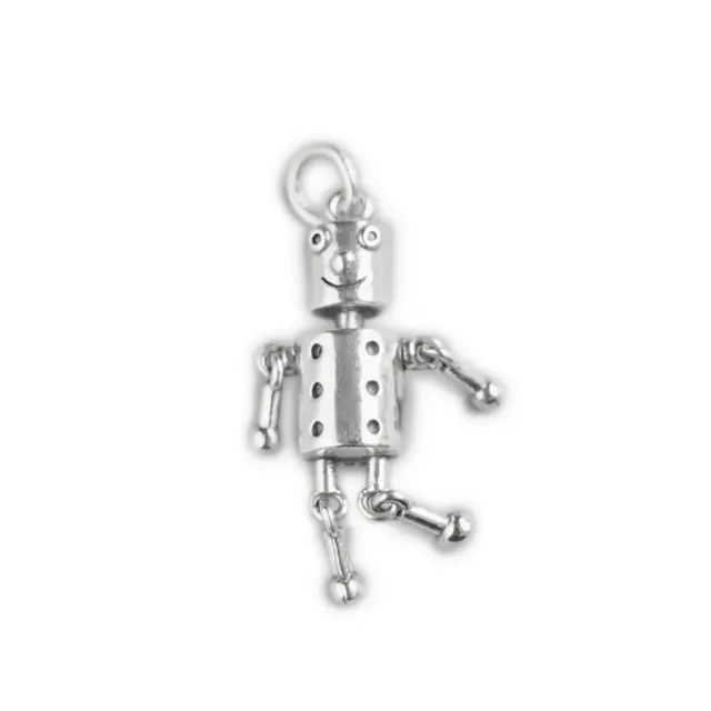 Sterling Silver Hollow Oxidized 3D Moving Tin Man Robot Charm Pendant Necklace