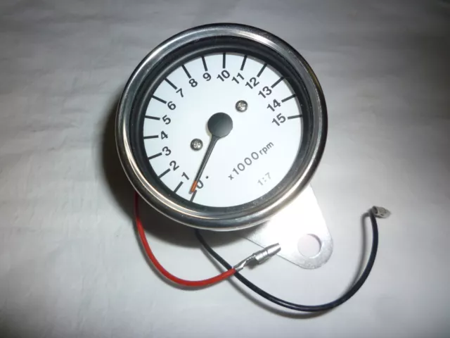 60mm CHROME TACHO METER WHITE FACE 1:7 RATIO 15,000 X 100 RPM HONDA CHOP BOBBER