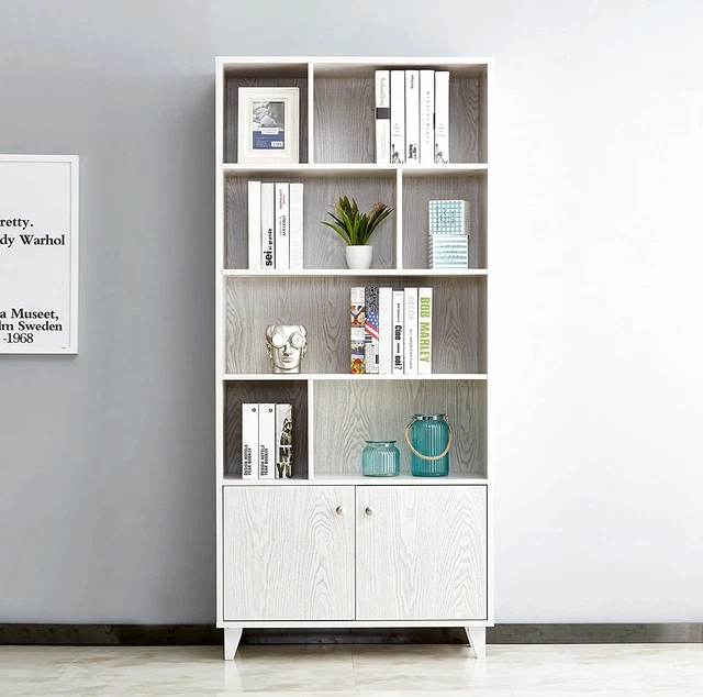 Mixcept Modern Bookcase with 2 Doors 68" Tall Storage Cabinet Wooden Bookshelf w
