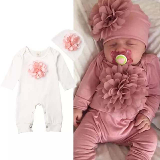 Newborn Baby Girl 3D Floral Jumpsuit Romper Bodysuit Hat Headband Outfit Set