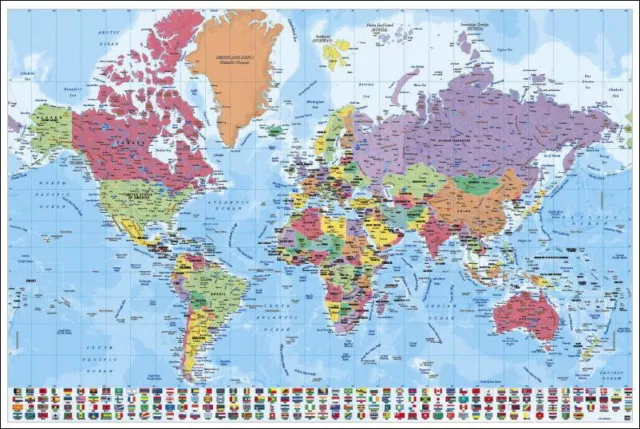 90538 MAP OF THE WORLD POLITICAL WORLD MAP WITH FLAGS Wall Print Poster AU