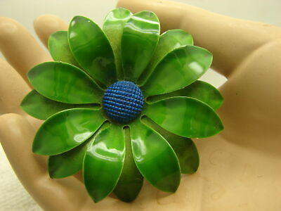 Vintage Hippy Mod Retro 60's Dark Green & Blue Enamel Flower Brooch Pin EUC