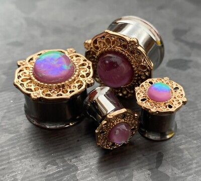PAIR Gold Tribal Plate w/Pink Synthetic Opal Surgical Steel Plugs Body Jewelry