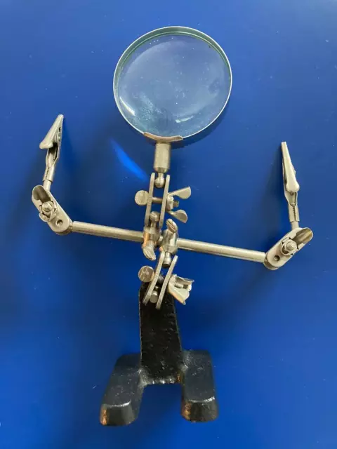Vintage Watchmaker BENCH TOOL Hand Free W/2-Alligator Clips & Magnifying Glass A