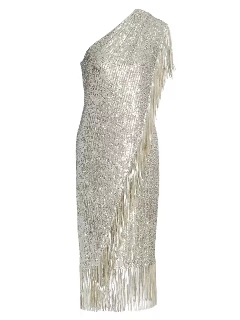 Badgley Mischka $440 One Shoulder White Sequin Cocktail Dress with Fringe Sz 6